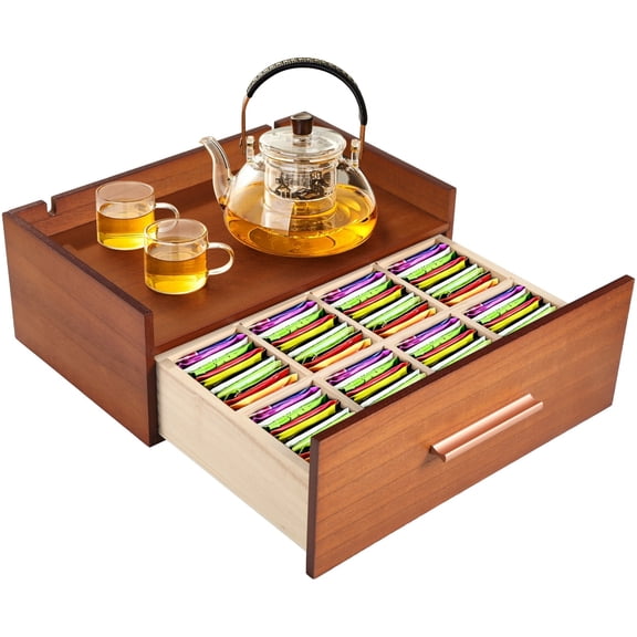 Wooden Tea Bag Organizer, Tea Storage Box for Countertop, Tea Station Organizer with Cable Slots, Multi-Functional Tea Bag Organizer with 8 Compartments & Removable Drawer Dividers
