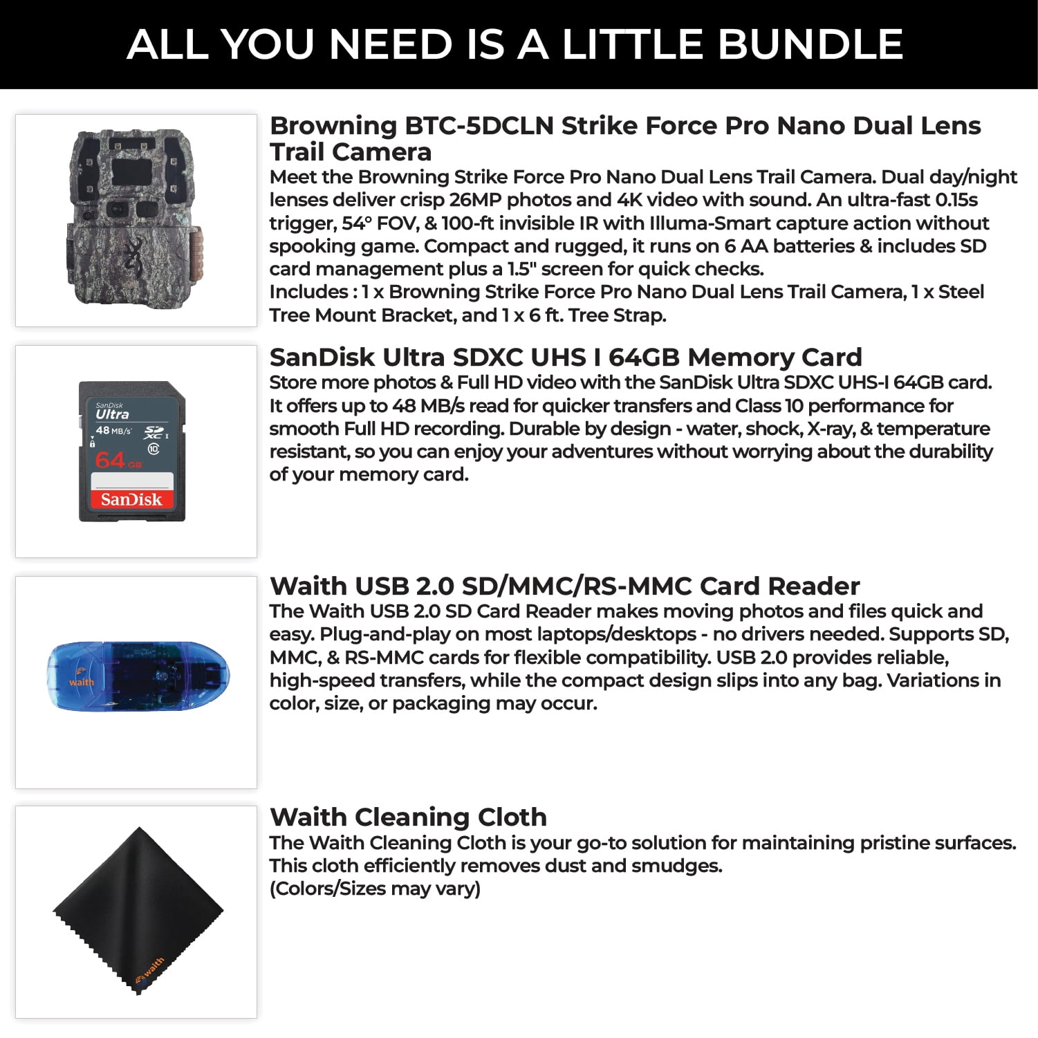 Browning Trail Cameras Strike Force Pro DCL Nano - 26MP 4K Dual Lens Technology Camera with USB 2.0 SD Card Reader, 64GB Ultra SDXC UHS I Memory Card & Cleaning Cloth - Pack of 2 Bundle Kit
