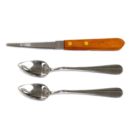 Set of 2 Grapefruit Spoons & 1 Grapefruit Knife, Stainless Steel, Serrated
