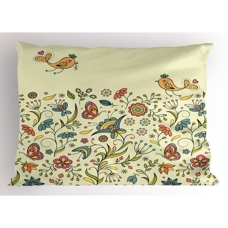 Butterfly Meadow Leaf - Flowers Pillow Sham Flourishing Spring Meadow Ornate Artistic Nature Romantic Birds Butterflies Leaves, Decorative Standard Size Printed Pillowcase, 26 X 20 Inches, Multicolor, by Ambesonne