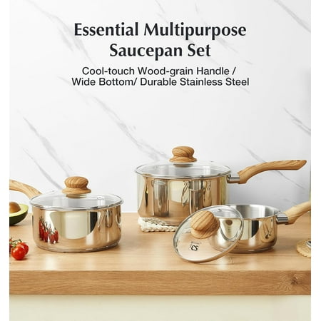 Stainless Steel Pots, 6 Piece Sauce Pan Set with Lids, 1QT, 2QT, 3QT Stainless Steel Saucepan with Cool-Touch Handles, 5-layers Base Pots, Induction Compatible Sauce Pan, Pot Set