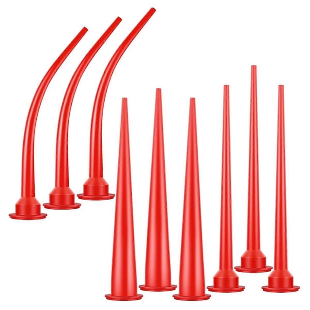 caulking nozzle plastic caulk nozzle applicator caulking extension tool curved caulking nozzle long set de 9 boquillas rojas de ABS para masilla: tres curvas largas con base roscada y seis rectas cónicas (3 gruesas, 3 delgadas) sobre fondo blanco, longitud aprox. 30 cm, bases roscadas visibles.