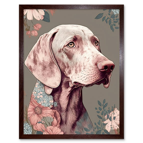 Weimaraner Dog Portrait with Flower Patterns Modern Detailed Illustration Art Print Framed Poster Wall Decor 12x16 inch