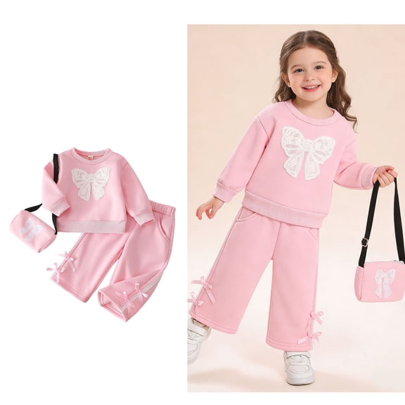 Toddler Girls 3 Piece Outfits Long Sleeve Bow Sweatshirt and Sweatpants Sets Girls Spring Clothes Little Girl Clothes 18-24 Months
