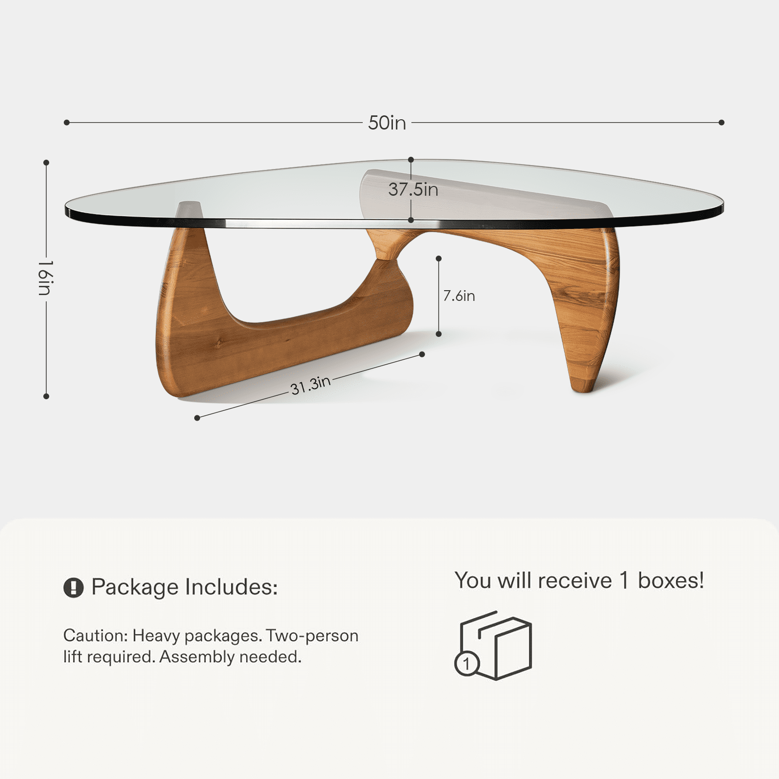 Tranqu Triangle Clear Glass Coffee Table, 0.75″ Ultra Thick Tempered Glass Top, Wooden Base, Modern Cocktail Table for Living Room - Light walnut