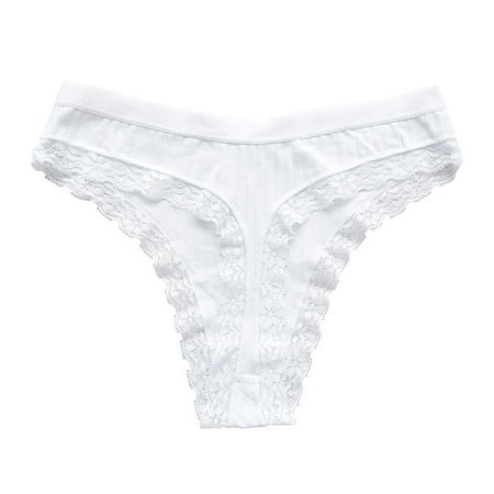 Scyoekwg Womens Underwear Cotton Lace Thong Underwear Comfort Low Waisted Underwear Ladies Underpants Hipster Panties Solid Color Stretchy Briefs(White L)