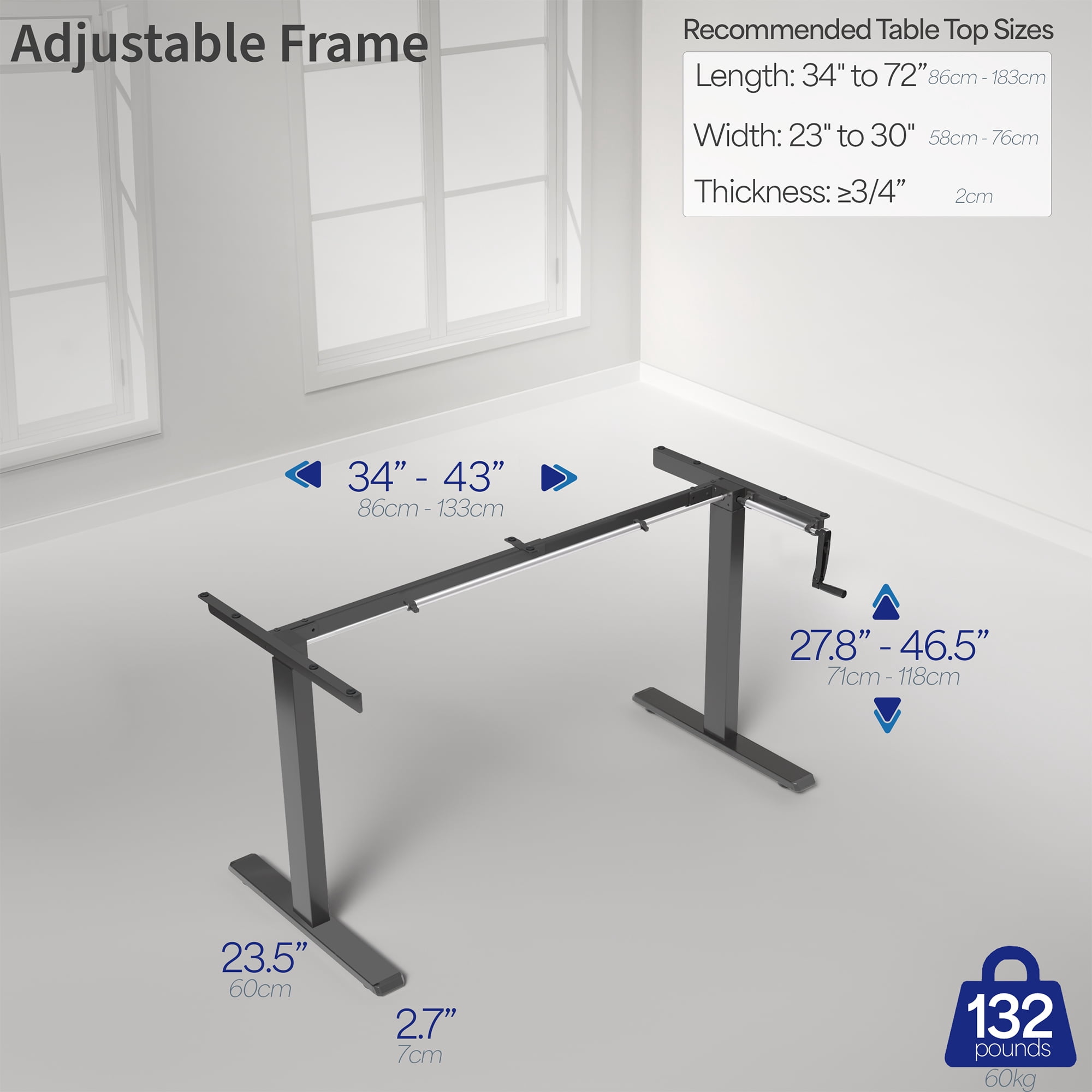 VIVO Black Manual Height Adjustable Stand Up Desk Frame Crank Ergonomic System