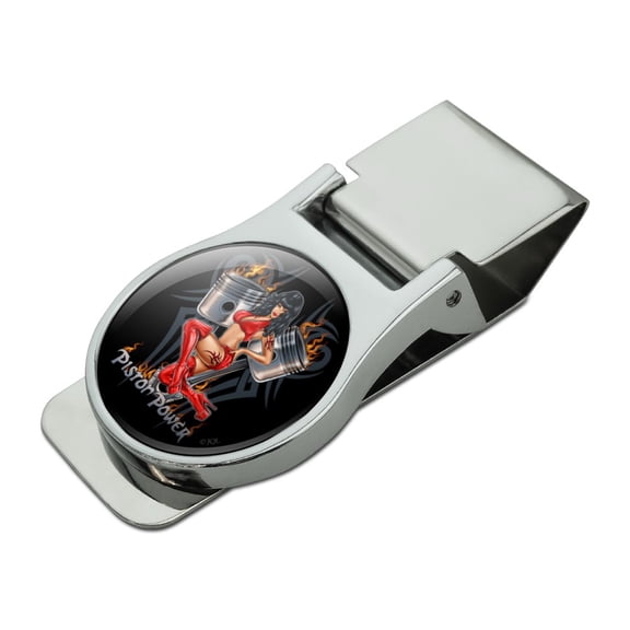 Piston Power Motorcycle Chopper Biker Satin Chrome Plated Metal Money Clip