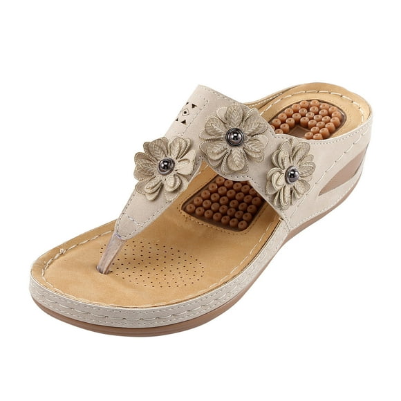 ZTTD Womens Wedge Flip Flops Sandals With Arch Support Summer Comfortable Platform Bohemia Flat Shoes Massage Function Casual Thong Sandal Beige