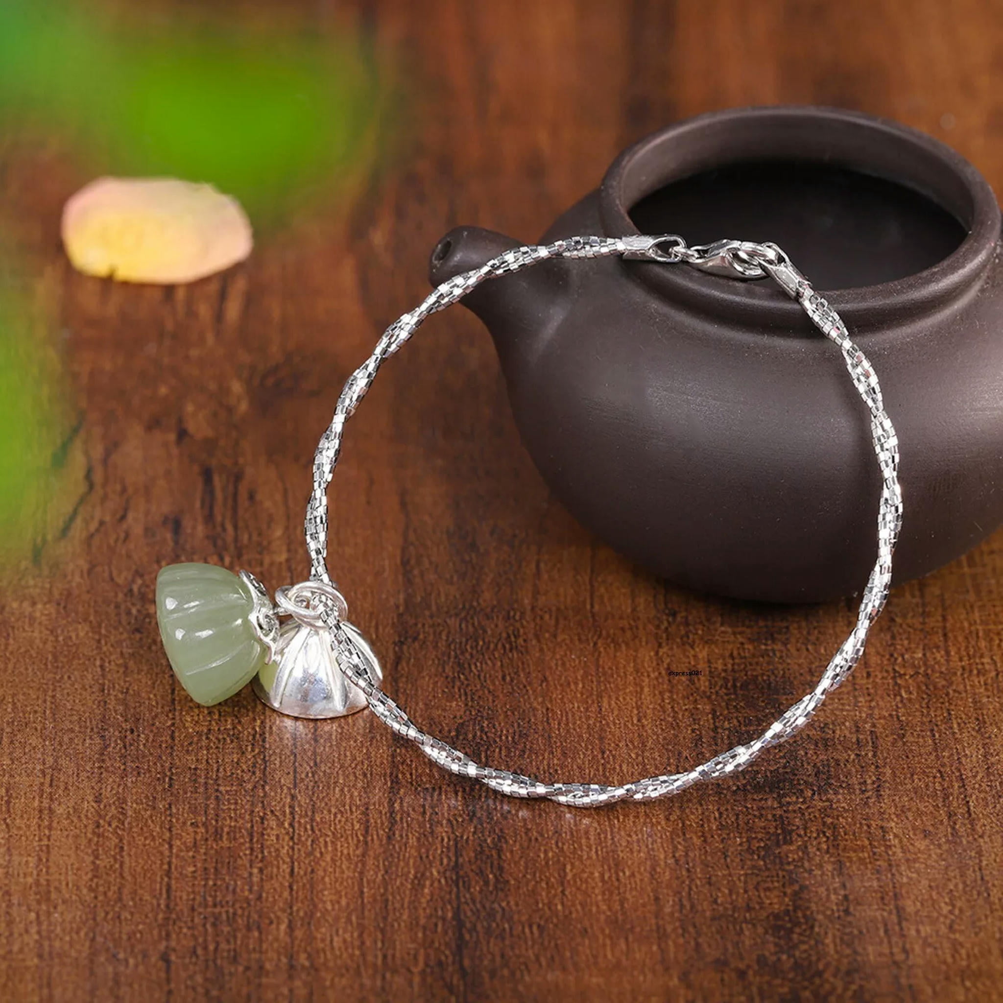 HOOUN Solid 925 Sterling Silver Bangle Women Natural Jade Lotus Twist Rope Bracelet 8g