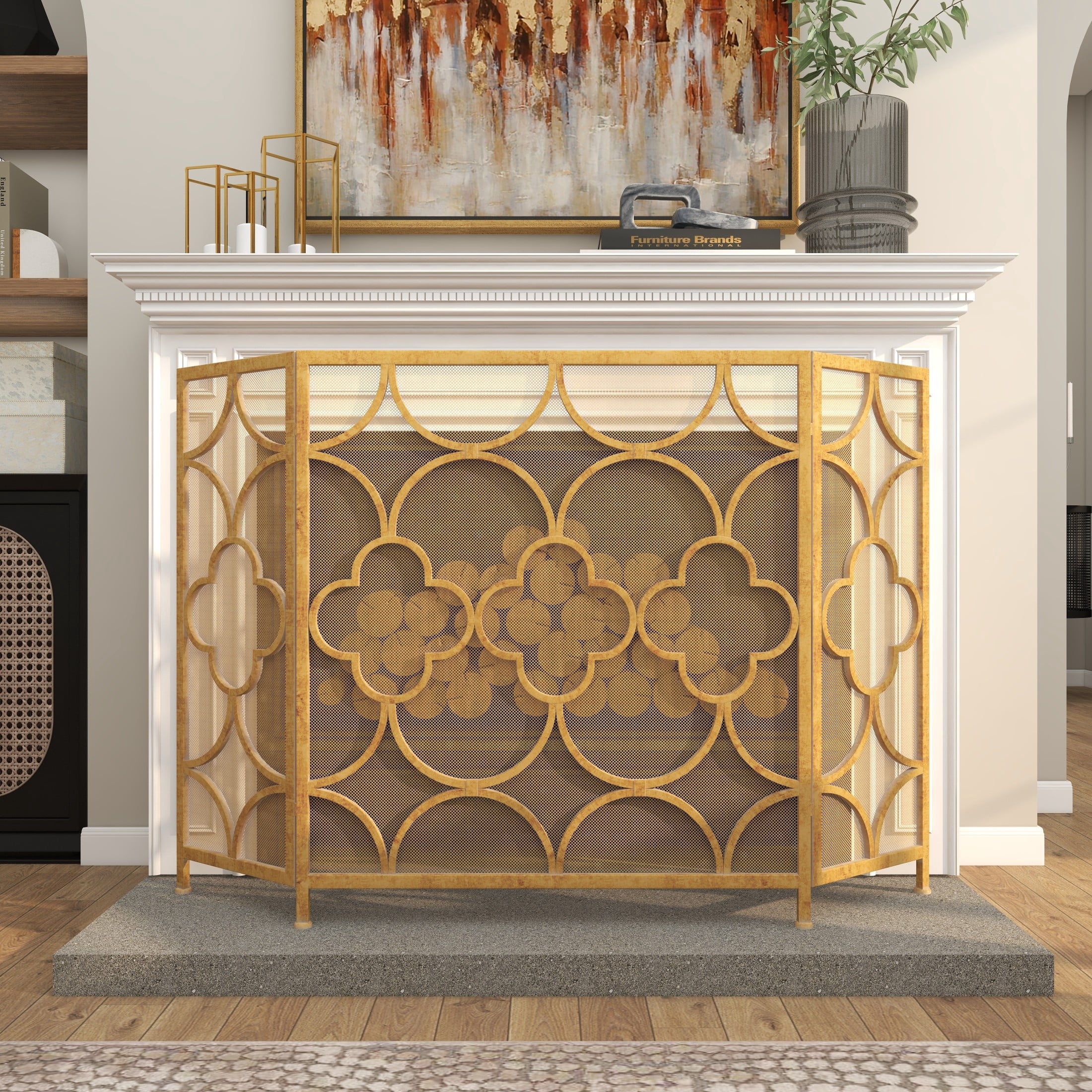 DecMode Elegant and Contemporary Geometric Designed Mesh Metal Fireplace Screen, 50"L x 35"H, Copper Frame