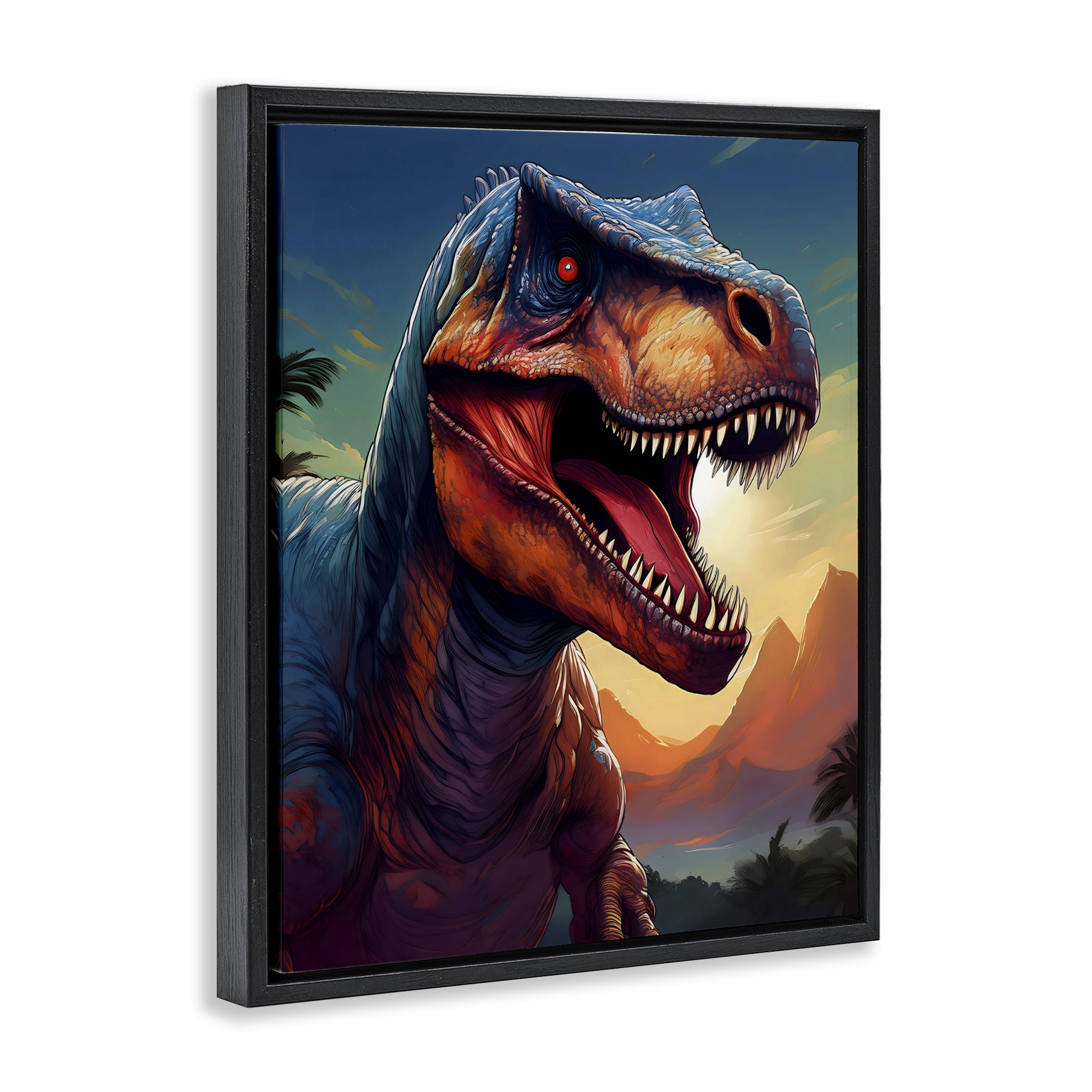 Stupell Industries Dinosaur with Sunset Landscape Black Framed Floater Canvas Wall Art, design by Creative Studio