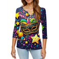 thumbnail image 4 of Mardi Gras Shirts for Women Glitter Mask Print V Neck Tops Carnival 3/4 Sleeve Novelty Blouse Yellow M, 4 of 5