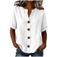 thumbnail image 4 of LIaqionyy Womens Cotton Linen Blouse Shirts V Neck Short Sleeve Button down Loose Casual Vacation Clothes, 4 of 7
