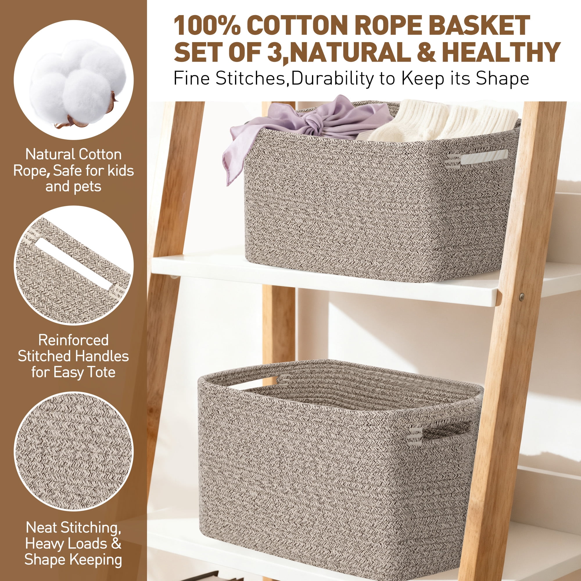3 Pack Storage Basket, 11"x11"x9" (18L) Rectangle Woven Baskets for Storage, Cotton Rope Basket for toys, Towel Baskets, Closet Organizer Bins Shelves Organizer, Decorative Basket(Brown)