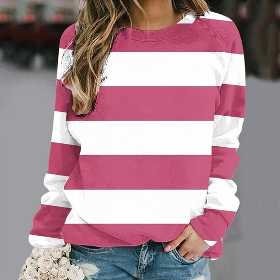 Fznquz Sweatshirts for Women Trendy Casual Long Sleeve Crewneck Sweatshirt Pink Striped Pullover Lightweight Outfits