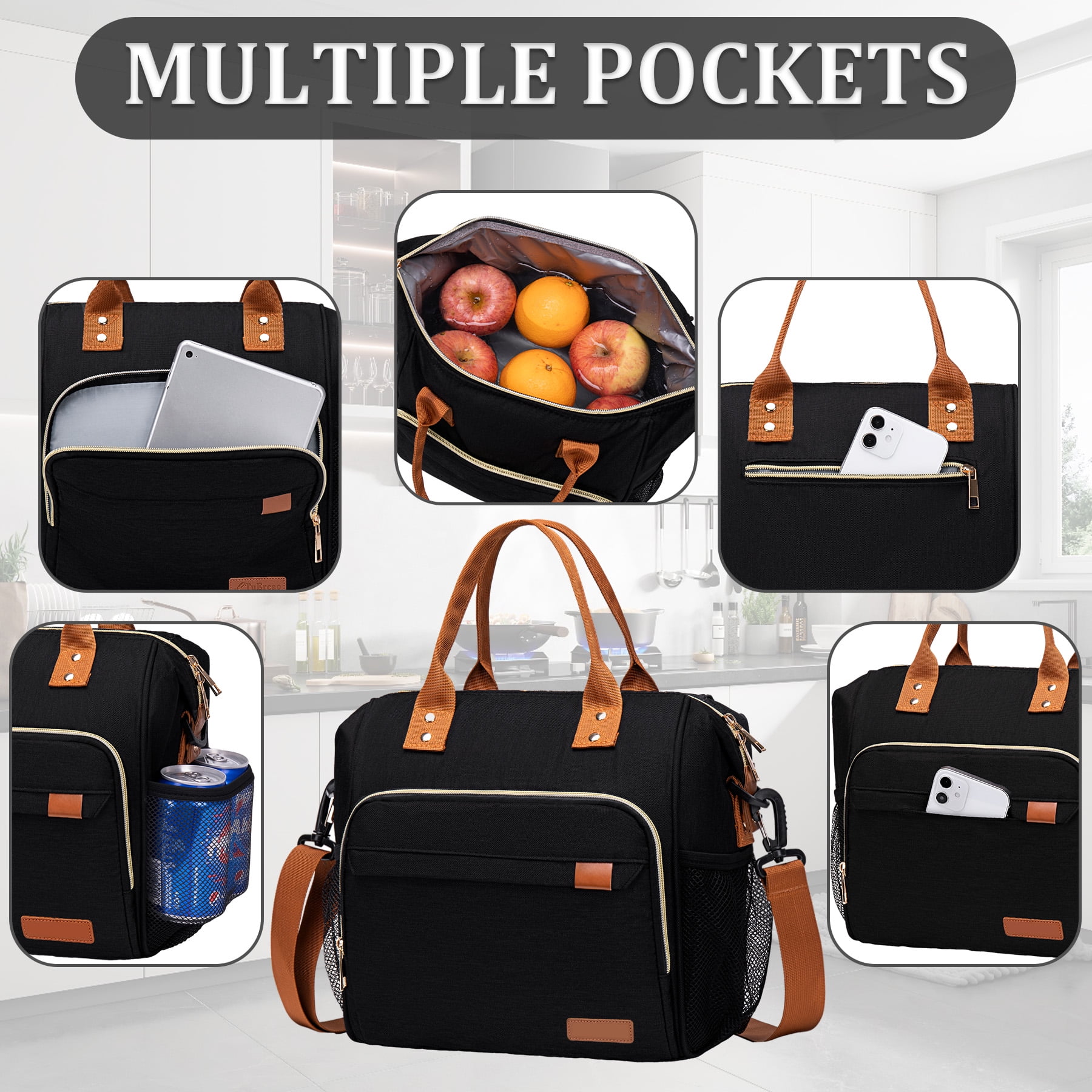 Insulated Lunch Bags for Women Men, Adult Lunch Box for Female Teacher Nurse Mom, Fashion Ladies Lunch Tote Bag for Work, Black