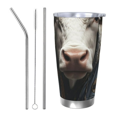 

KLL Surrealist Cow Print 40oz Stainless Steel Insulated Car Cup with Spillproof Lid - Keep Your Drink Hot or Cold on the Go-Straw Three-piece Set