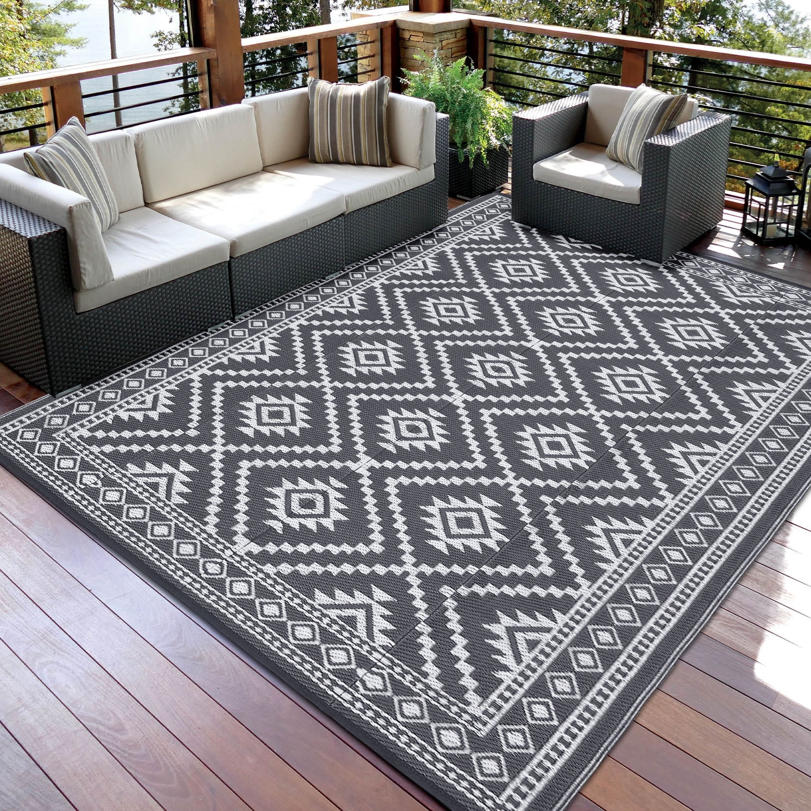 GlowSol 8x10 Outdoor Rug for Picnic Beach Deck-Outdoor Waterproof Patio Rug Indoor Outdoor Boho Geometric Area Rug Reversible Rug, Gray/White