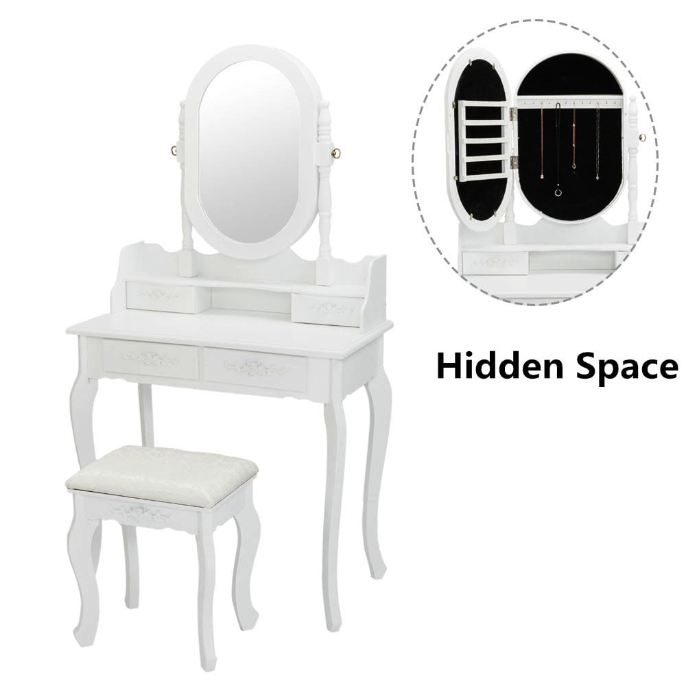 Ktaxon Vanity Jewelry Wooden Makeup Dressing Table Set W Stool Mirror Cabinet 4 Drawer