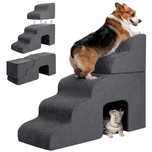 Dog Stairs for High Beds with Tunnel 5-Step Dog Steps for Small Dogs and Cats Foldable Pet Stairs for High Bed Climbing Non-Slip Balanced Pet Step Indoor Dark Grey