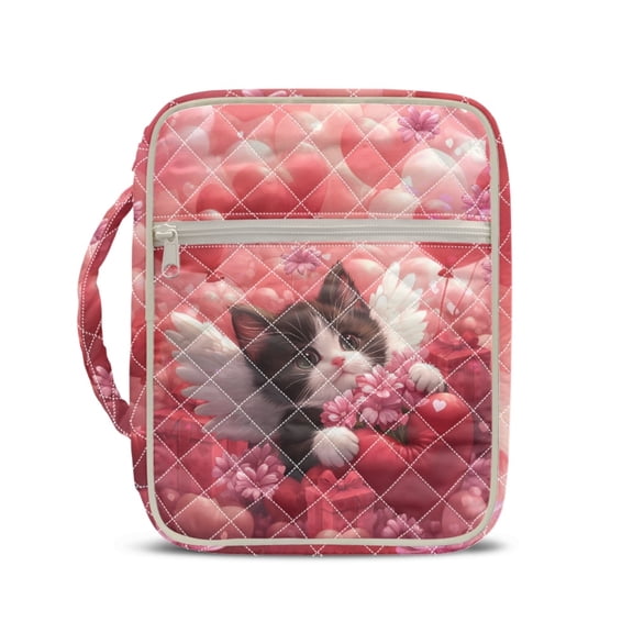 HELLHERO Cute Kitten Pink Floral Print Portable Bible Supplies Organizer Bag for Spiritual Daily Use, Polyester Fabric Quilted Bible Cover with Washable