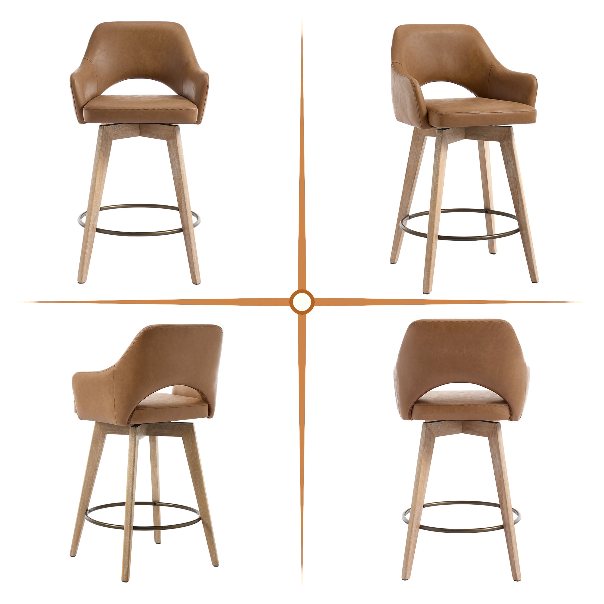 Zesthouse 26.8″ Swivel Counter Height Bar Stools Set of 2, Upholstered Faux Leather Bar Stools with Back and Wood Legs, Mid Century Modern Barstool Island Chairs for Kitchen Counter, Brown