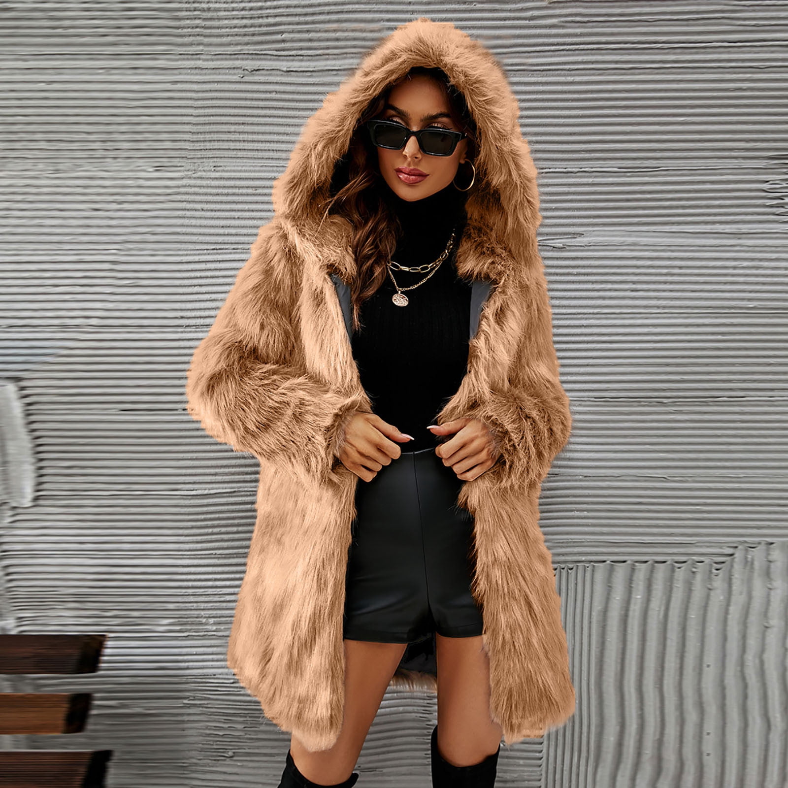 QATAINLAV Womens Winter Warm Faux Fur Coats Solid Color Hooded Fluffy Jackets Mid Length Ladies Cardigans Outerwear, Khaki, M
