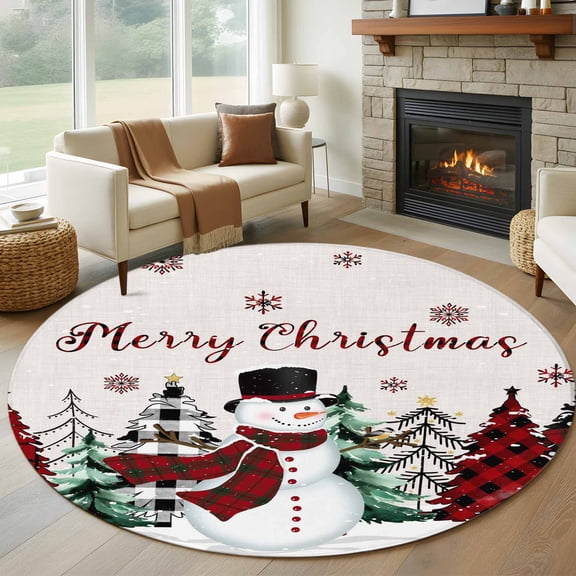 Beige Christmas Round Rug 5ft Washable Circle Kitchen Rugs Non Slip Snowman Plaid Xmas Tree Winter Snowflake Large Area Rug Indoor Floor Carpet for Bedroom Living Room Home Office Dining Room Nursery