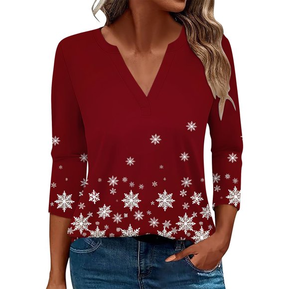 biudgviw Christmas 3/4 Sleeve Tops for Women Loose Print V Neck Blouses Lightweight Casual Tee Shirts Festival Outfits