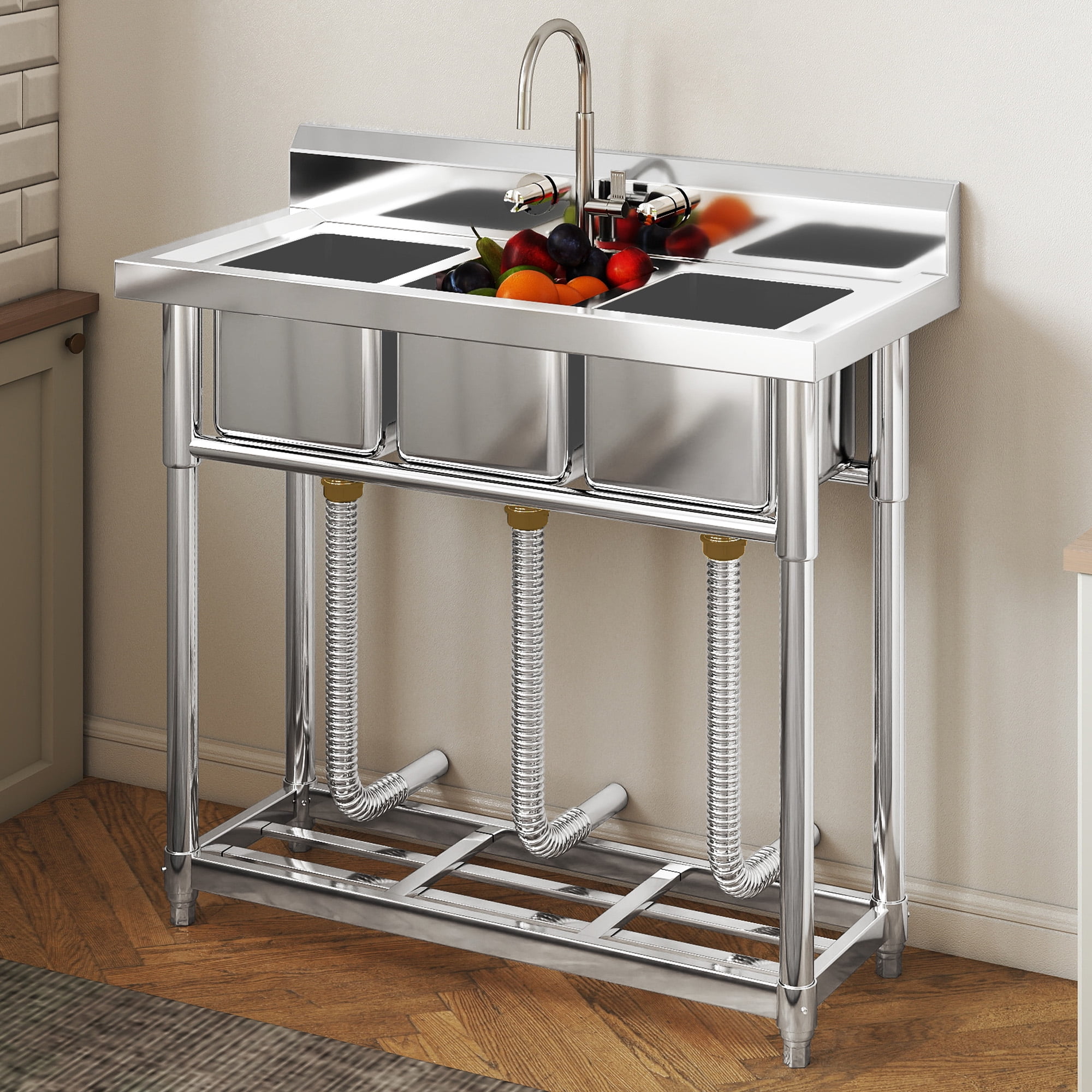 DEXTRUS Stainless Steel Utility Sink, 3 Compartment Commercial Sink for Restaurant, Laundry, Garage, Workshop