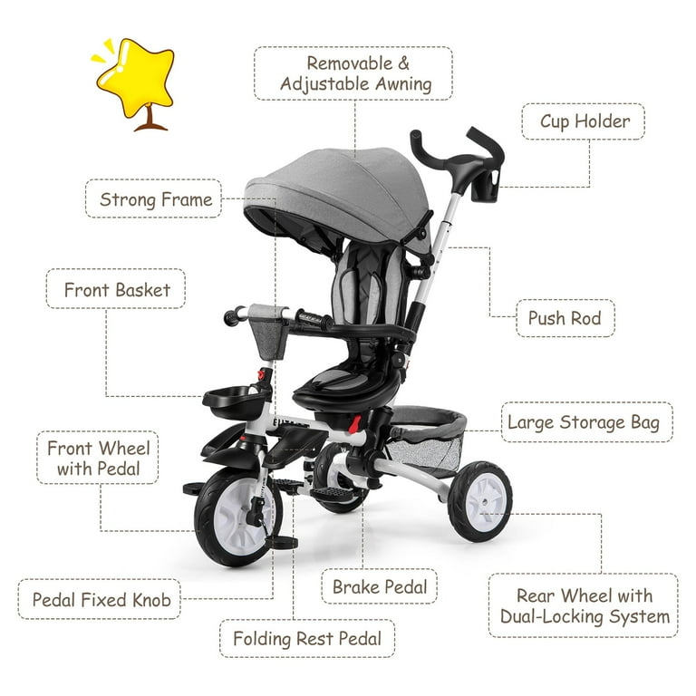 Costway Foldable Toddler Tricycle 6 In 1 Convertible Learning Toy Bike with Push Handle for Parents Canopy Gray Walmart