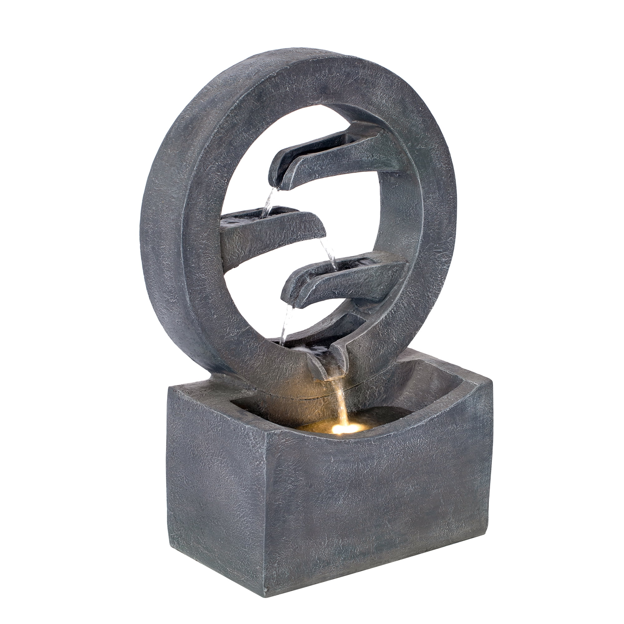 Circular LED Fountain, 26.77 Inch Gray Polyresin Outdoor Water Fountain for Patio Garden, Gray