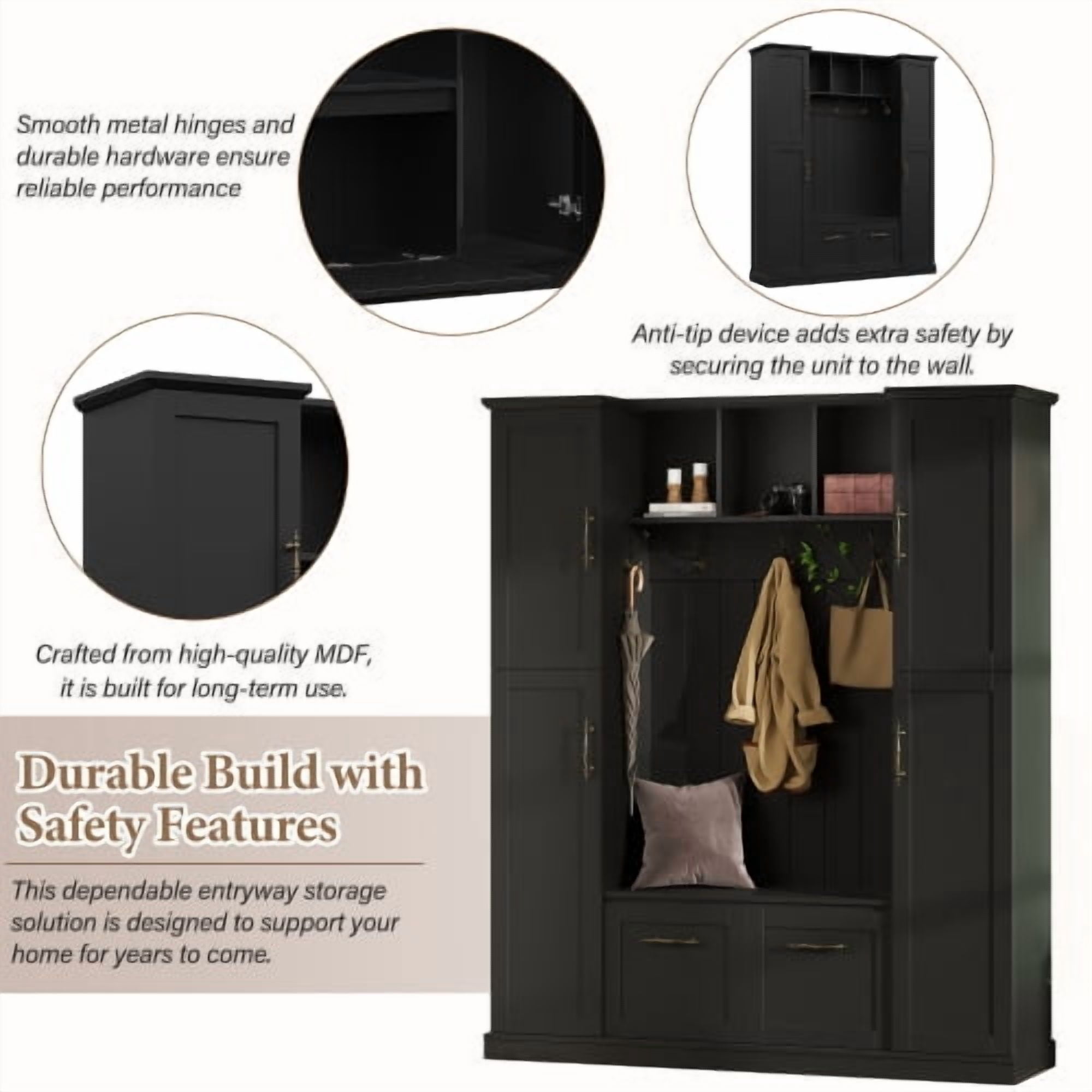 Farmhouse Hall Tree with Bench, Beadboard Back Panel, 4 Side Cabinets, Adjustable Shelves, Open Cubbies, Coat Rack & 5 Hooks, Entryway Mudroom Furniture, Black
