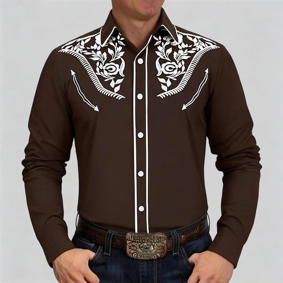 Conairie Men's Western Cowboy Shirts Long Sleeve Embroidered Shirts Slim Fit Casual Button Down Shirt with Pockets Brown L