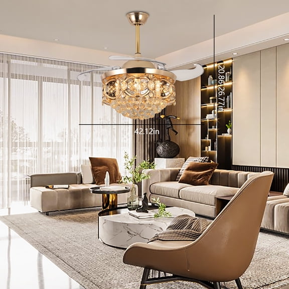 Modern 42" Crystal LED Invisible Ceiling Fan Chandelier Lamp Light w/Remote Gold