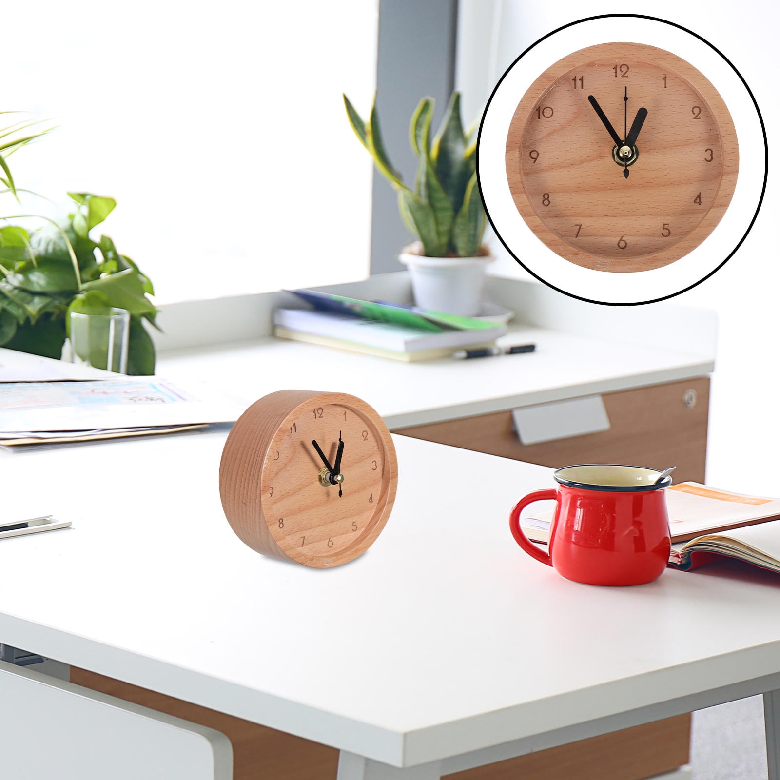 PAMINGONO Beech Wood Compact Silent Round Battery Operated Desk Clock