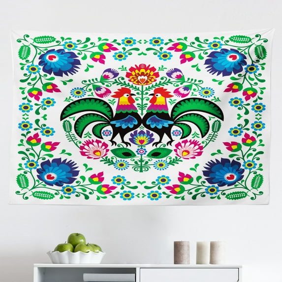 Folk Art Tapestry, Scandinavian Themed Pattern of Swedish Dala Horse and Flowers, Fabric Wall Hanging Decor for Bedroom Living Room Dorm, 2 Sizes, Green Vermilion, by Ambesonne