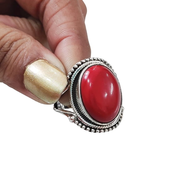 Natural Red Coral Ring, Woman's Coral Ring, Coral April Birthstone, Bohemian Band, 925 Sterling Silver, Womens Ring, Christmas, Thanksgiving, Handmade, Statement Jewelry, Natural Gemstone Ring