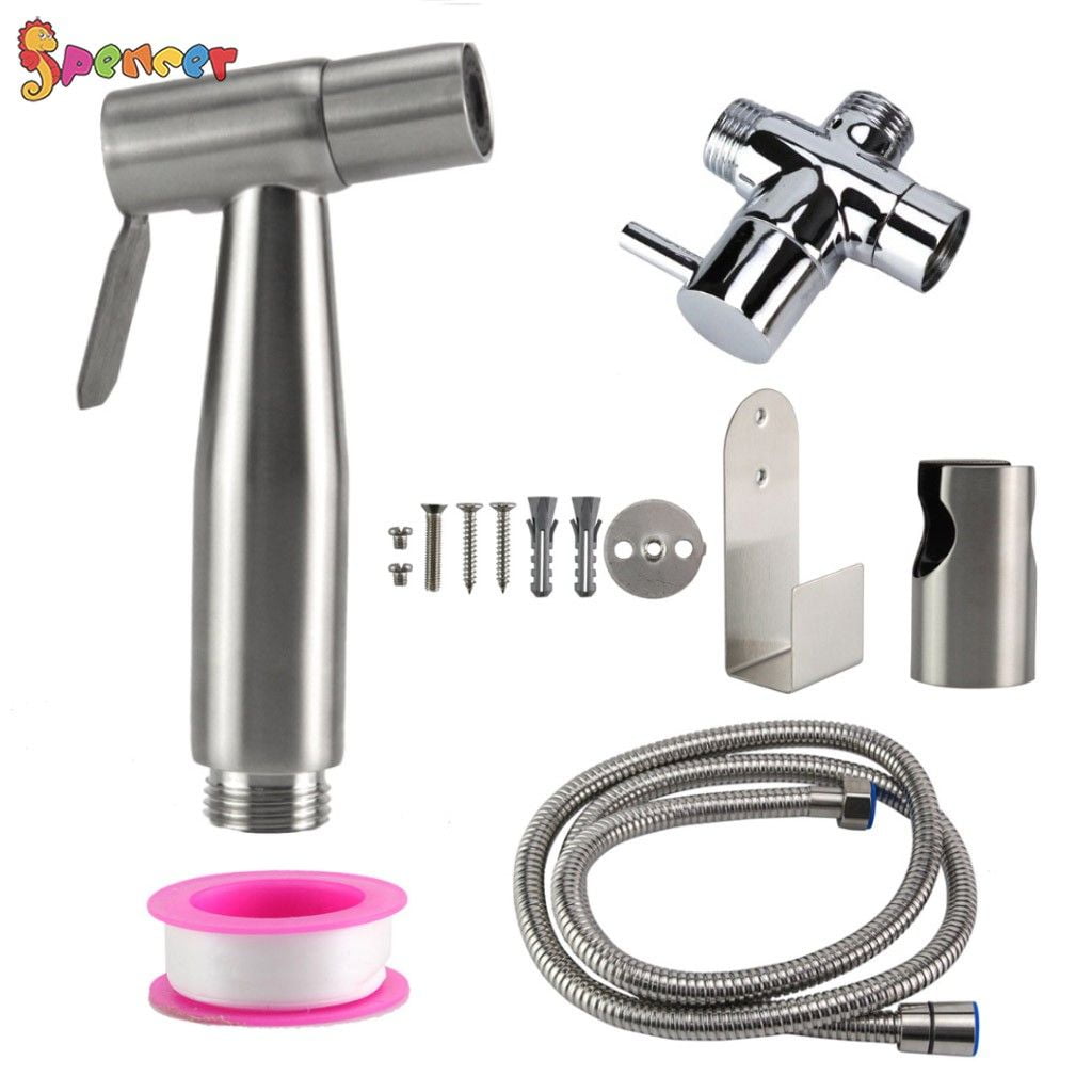 Spencer Hand Held Bidet Toilet Sprayer Kit Stainless Steel Toilet Shattaf Bidet Shower Sprayer Bathroom Cloth Diaper Washer with 7.8" T-Adapter Valve Hose for Pet Bath for Pet Bath