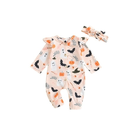 

Loalirando Baby Girls Halloween Romper Ruffles Long Sleeve Jumpsuits and Headband