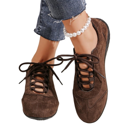 longantii Women's Suede Lace-Up Sneakers, Low-Top Casual Athletic Walking Shoes, Comfortable Fashion Flats for Daily Wear Brown