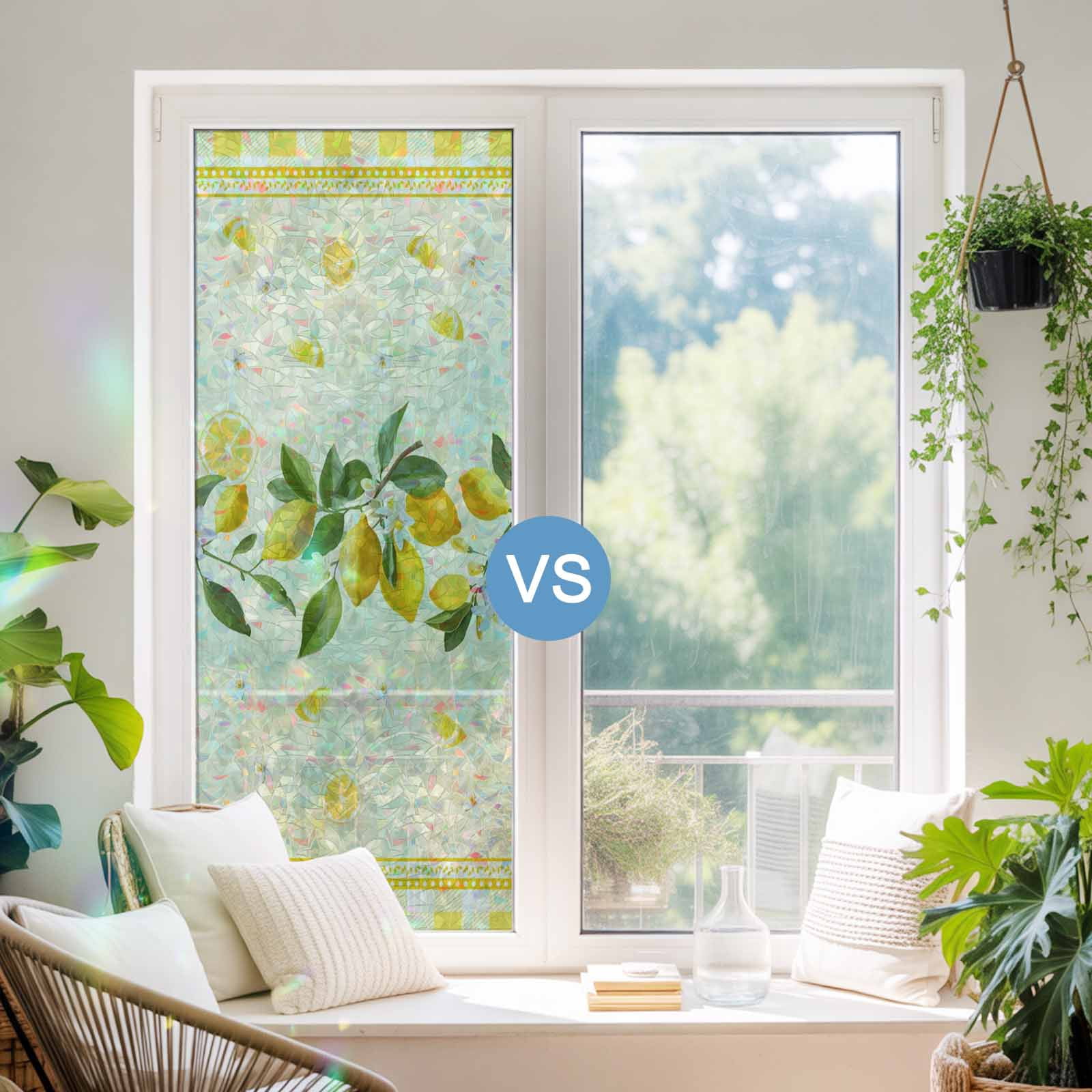 Yellow Lemons Window Privacy Film Rainbow Static Cling Stain Glass Window Film for Glass Door, Decorative Sunroof Decal Sticker for Car Bathroom 23.6"x59" Summer Botanical Checkered Farmhouse