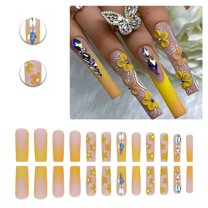 RAGUPEL 24Pcs Glue on Nails for Women,Crystal Embellished Square Press on Nails,Embossed 3D Flowers Long Nails,Stick on Nails for Women and Girls,Style3