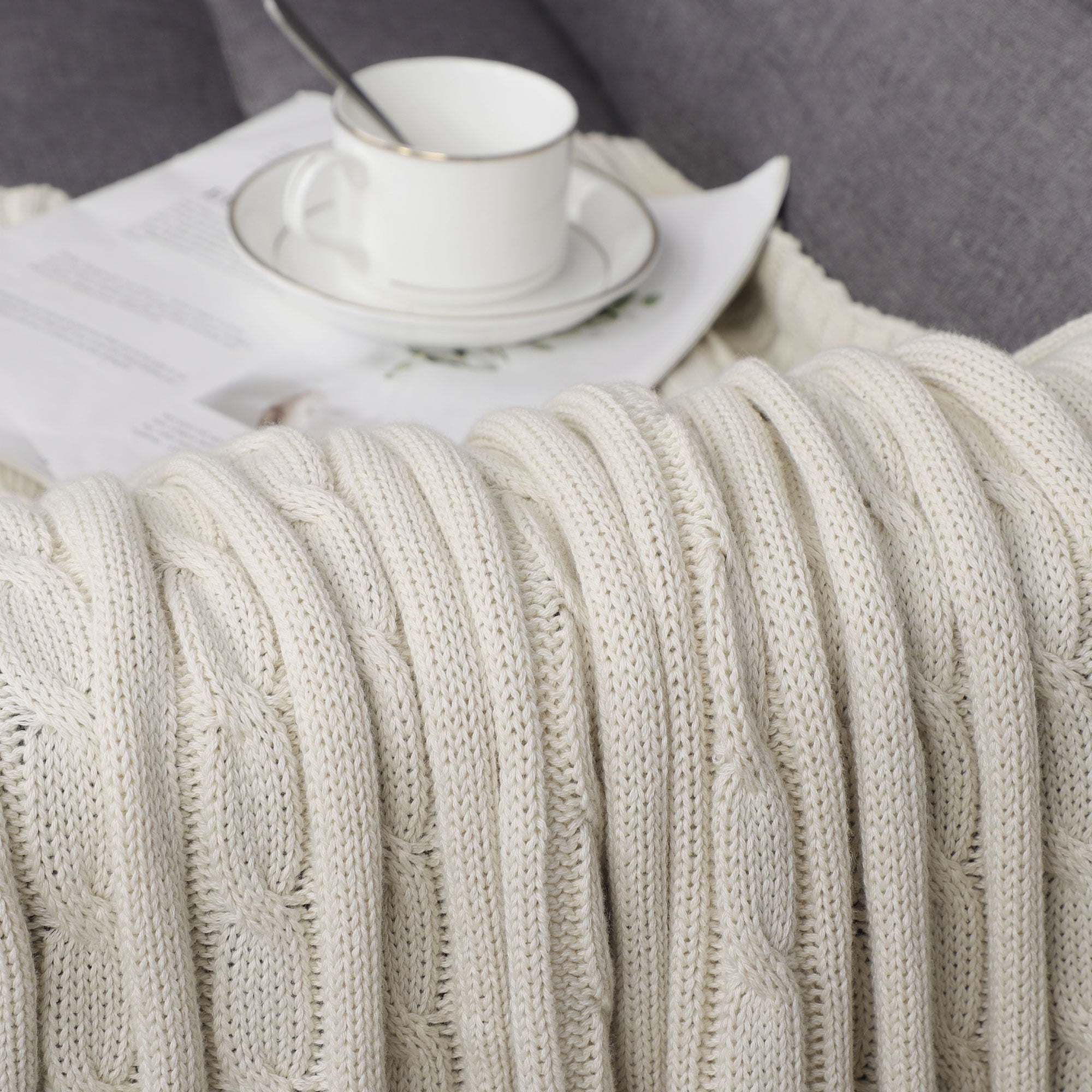 Unique Bargains 100% Cotton Cable Knit Throw Bed Blanket Beige 60" x 78"