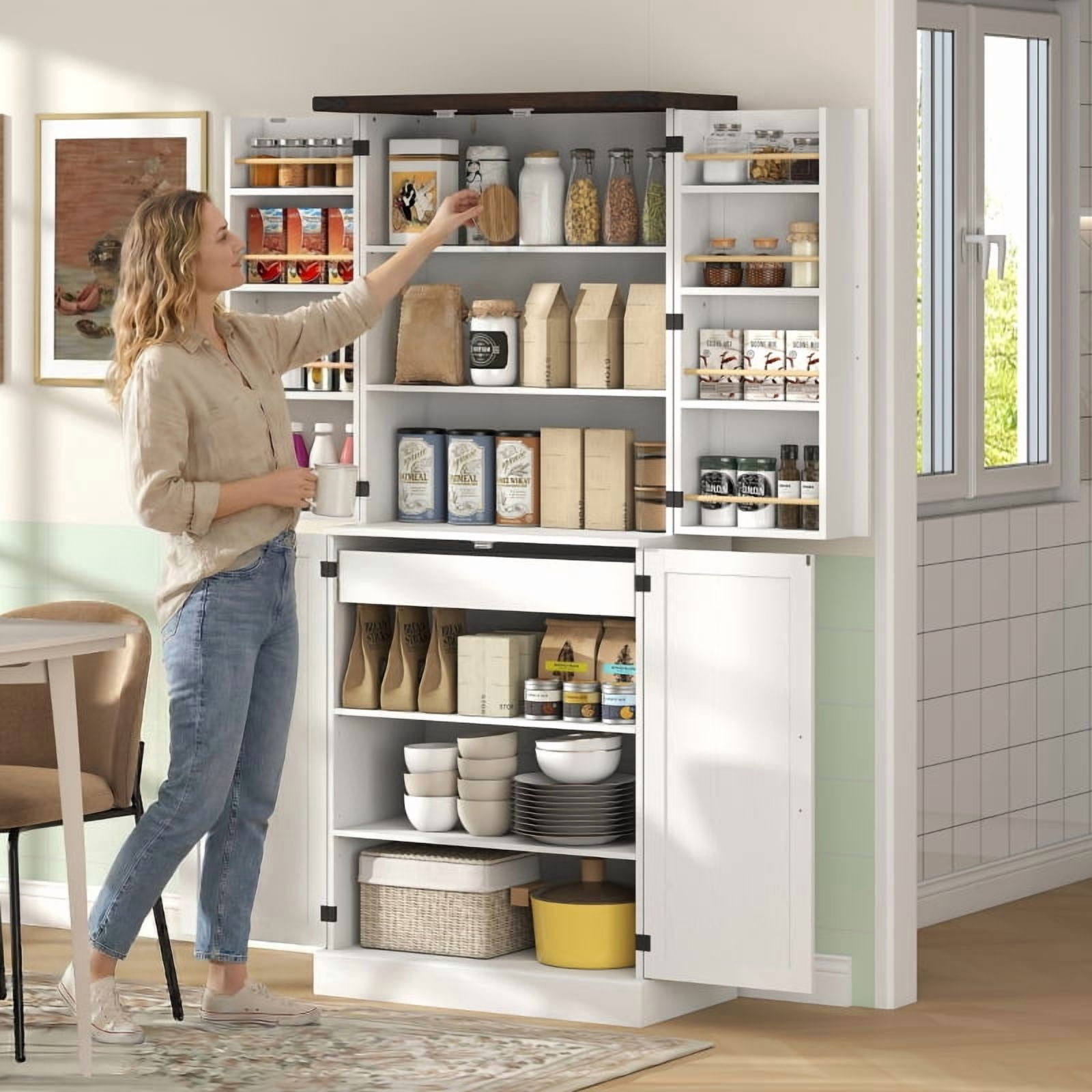 Alvantor Tall Kitchen Pantry Storage Cabinet with Door Racks & Adjustable Shelves 29.9" x 15.7" x 72" White
