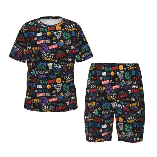 Balery Basketball Conjunto de Pijama Infantil de Manga Corta con Estampado – Ropa de Dormir de Algodón Suave-3X-Large