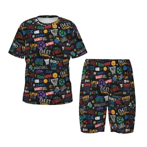 Fotbe Basketball Pijama Estampada de 2 Piezas para Niños – Ropa de Dormir de Manga Corta Cómoda para Niños y Niñas, Camiseta y Shorts de Algodón-Medium