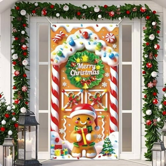 Christmas Gingerbread House Door Cover Decorations Gingerbread House Hanging Banner Candy Cane Wreath Door Banner for Xmas Holiday Candyland Party Backdrop Front Doors Decor 71x35 Inch