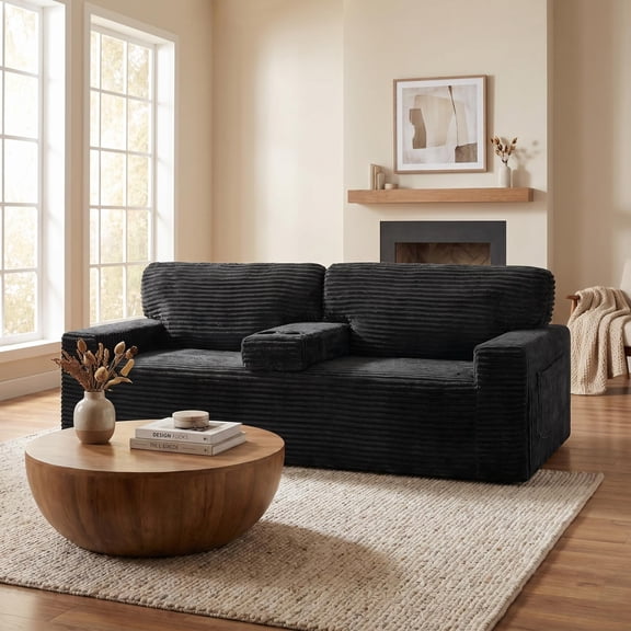 Leumius 91.7" Boneless Couches for Living Room,Plush Corduroy 3 Seater Sofa with Built-in Cup Holders and Side Storage Pocket,No Assembly,Black